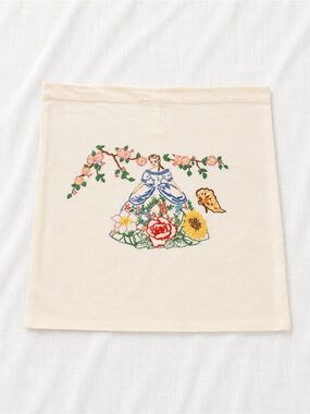 Vintage Hand Embroidered Lady & Floral Pillow Cover 17x17 Cottagecore